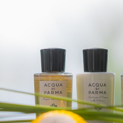 Luxury Acqua di Parma bath amenities at a beachfront villa in Lombok.